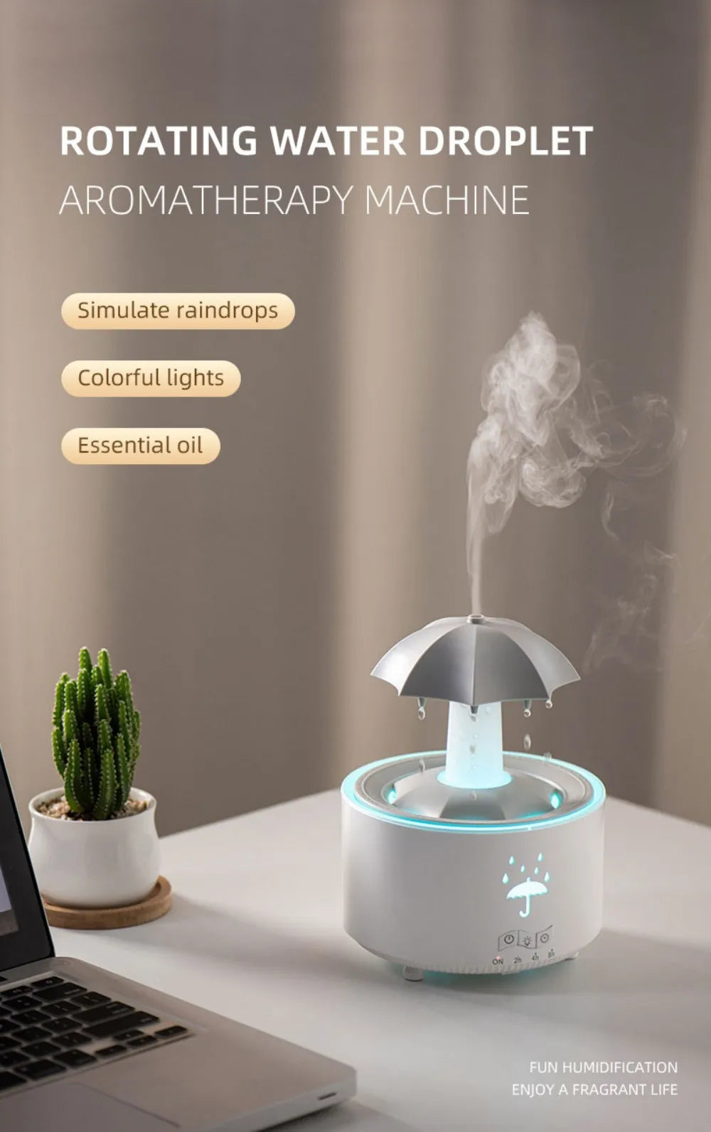 Rotating Umbrella Water Drop Air Humidifier with Colourful Night Lights Mute Spary Home Essential Oil Aroma Diffuser Humidifier